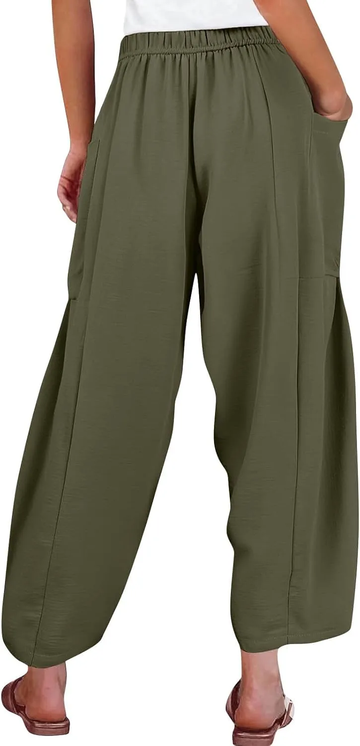 Wide Leg Pants Women Casual Loose Drawstring Palazzo Harem Pants with Pockets Summer Flowy Mid Rise Barrel Travel Pant