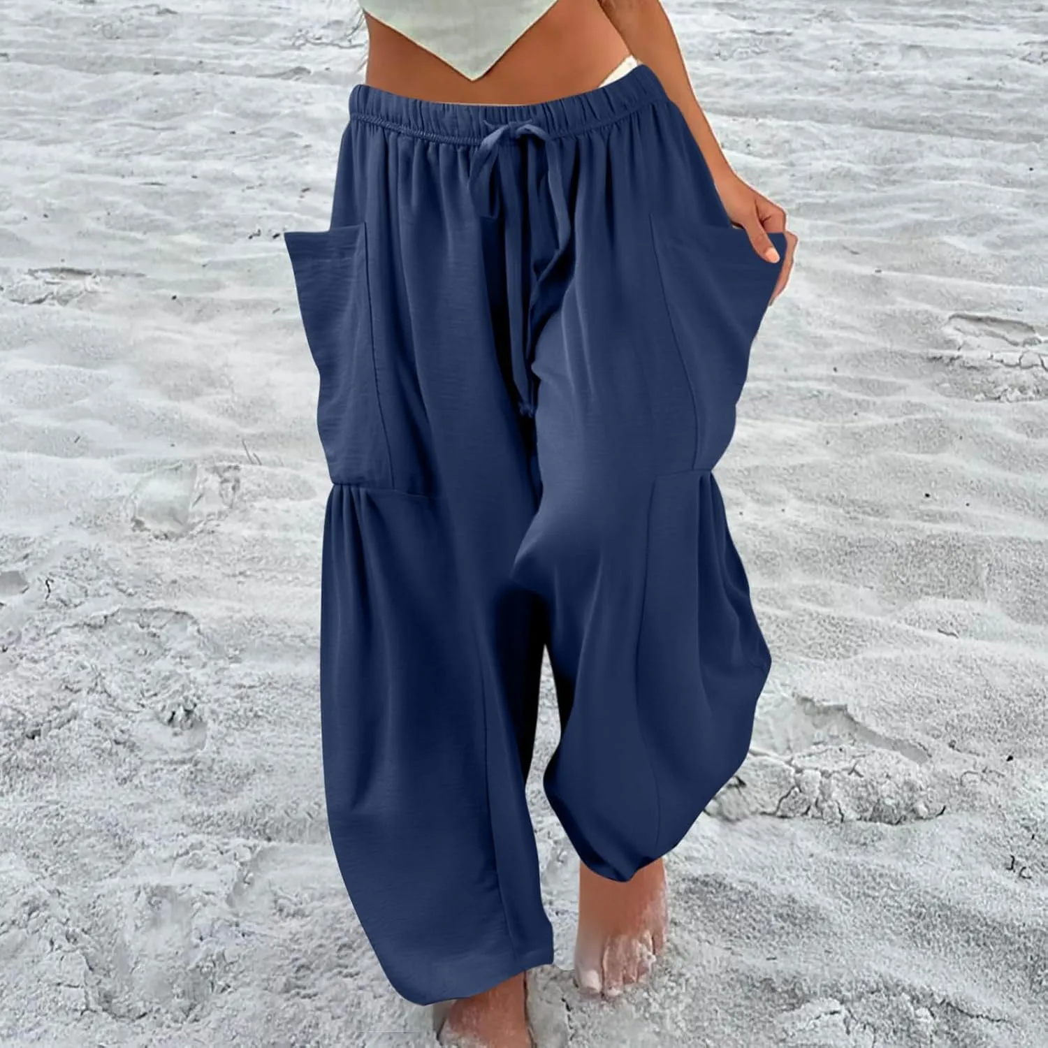 Wide Leg Pants Women Casual Loose Drawstring Palazzo Harem Pants with Pockets Summer Flowy Mid Rise Barrel Travel Pant