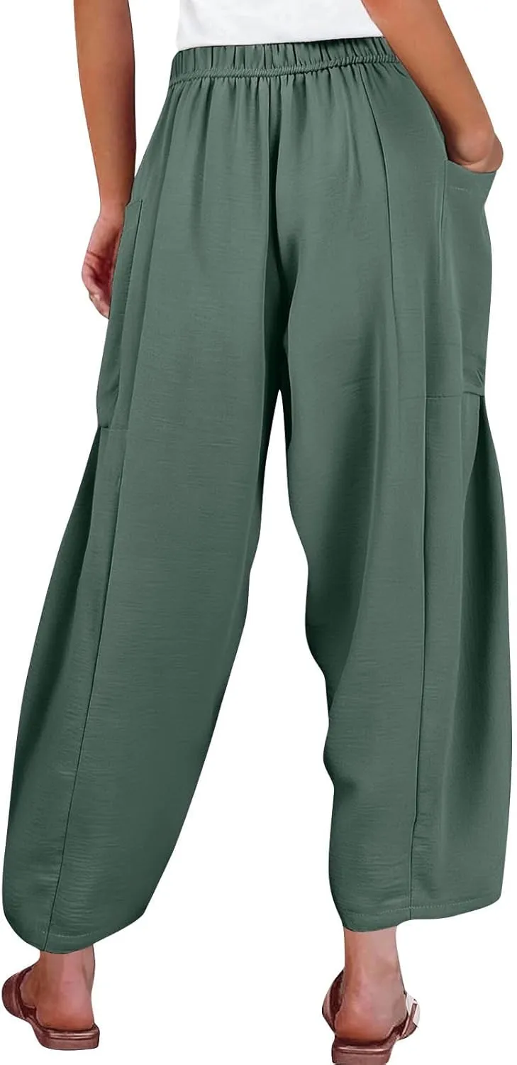 Wide Leg Pants Women Casual Loose Drawstring Palazzo Harem Pants with Pockets Summer Flowy Mid Rise Barrel Travel Pant