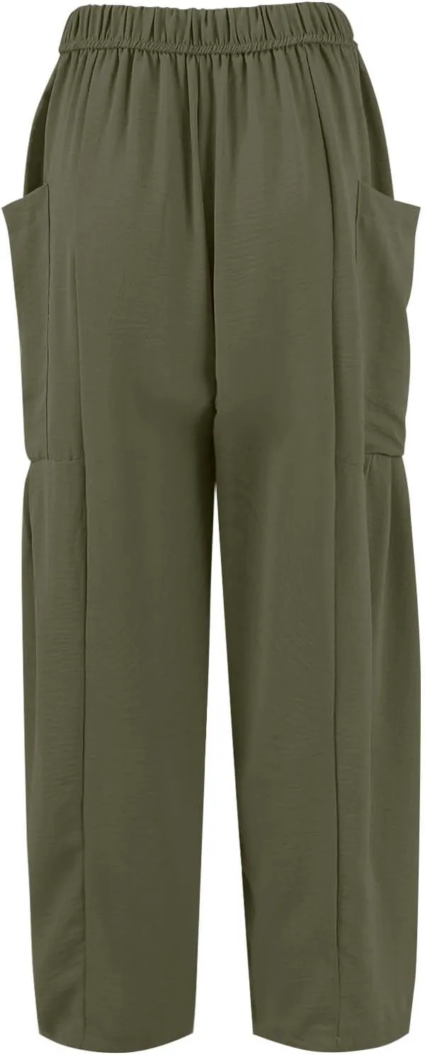 Wide Leg Pants Women Casual Loose Drawstring Palazzo Harem Pants with Pockets Summer Flowy Mid Rise Barrel Travel Pant