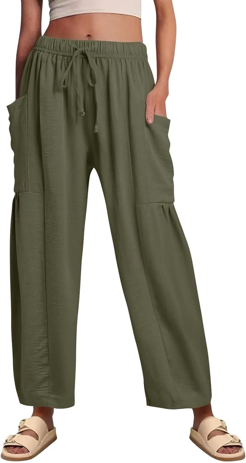 Wide Leg Pants Women Casual Loose Drawstring Palazzo Harem Pants with Pockets Summer Flowy Mid Rise Barrel Travel Pant