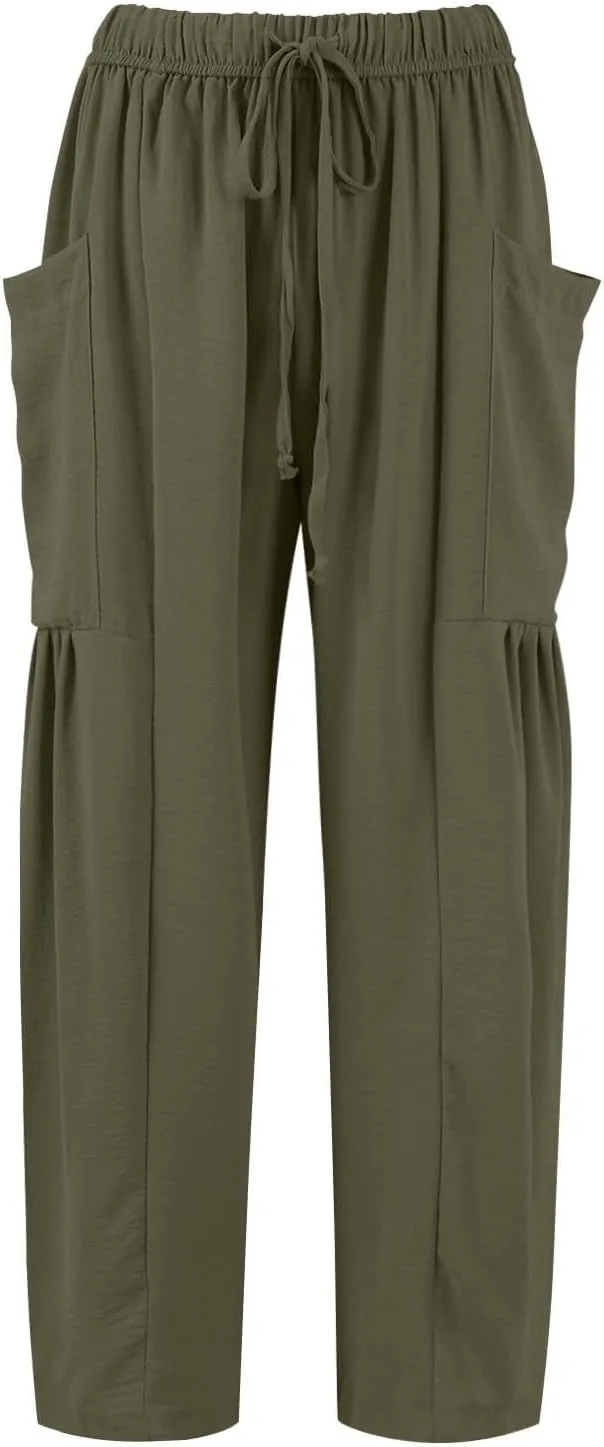 Wide Leg Pants Women Casual Loose Drawstring Palazzo Harem Pants with Pockets Summer Flowy Mid Rise Barrel Travel Pant