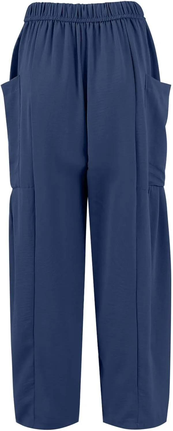 Wide Leg Pants Women Casual Loose Drawstring Palazzo Harem Pants with Pockets Summer Flowy Mid Rise Barrel Travel Pant