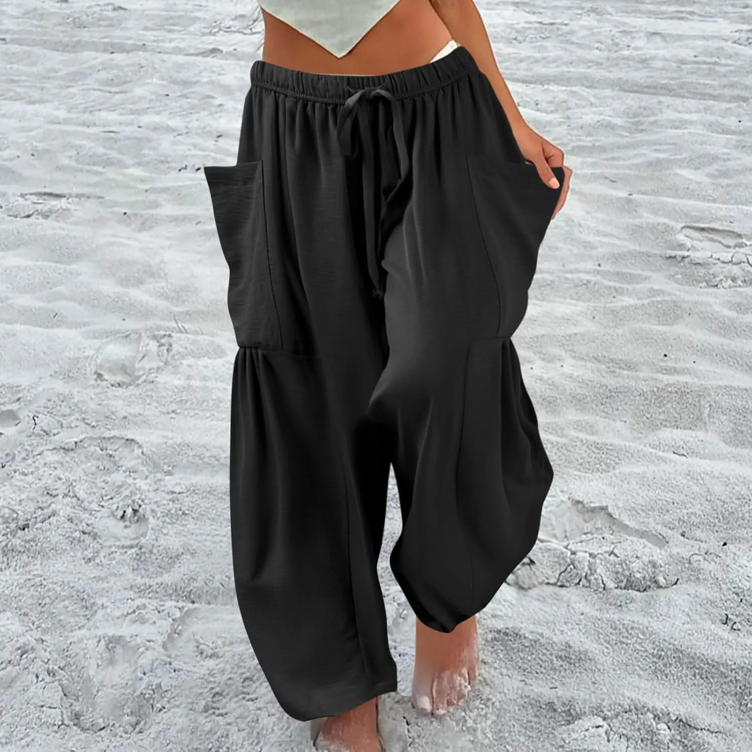 Wide Leg Pants Women Casual Loose Drawstring Palazzo Harem Pants with Pockets Summer Flowy Mid Rise Barrel Travel Pant