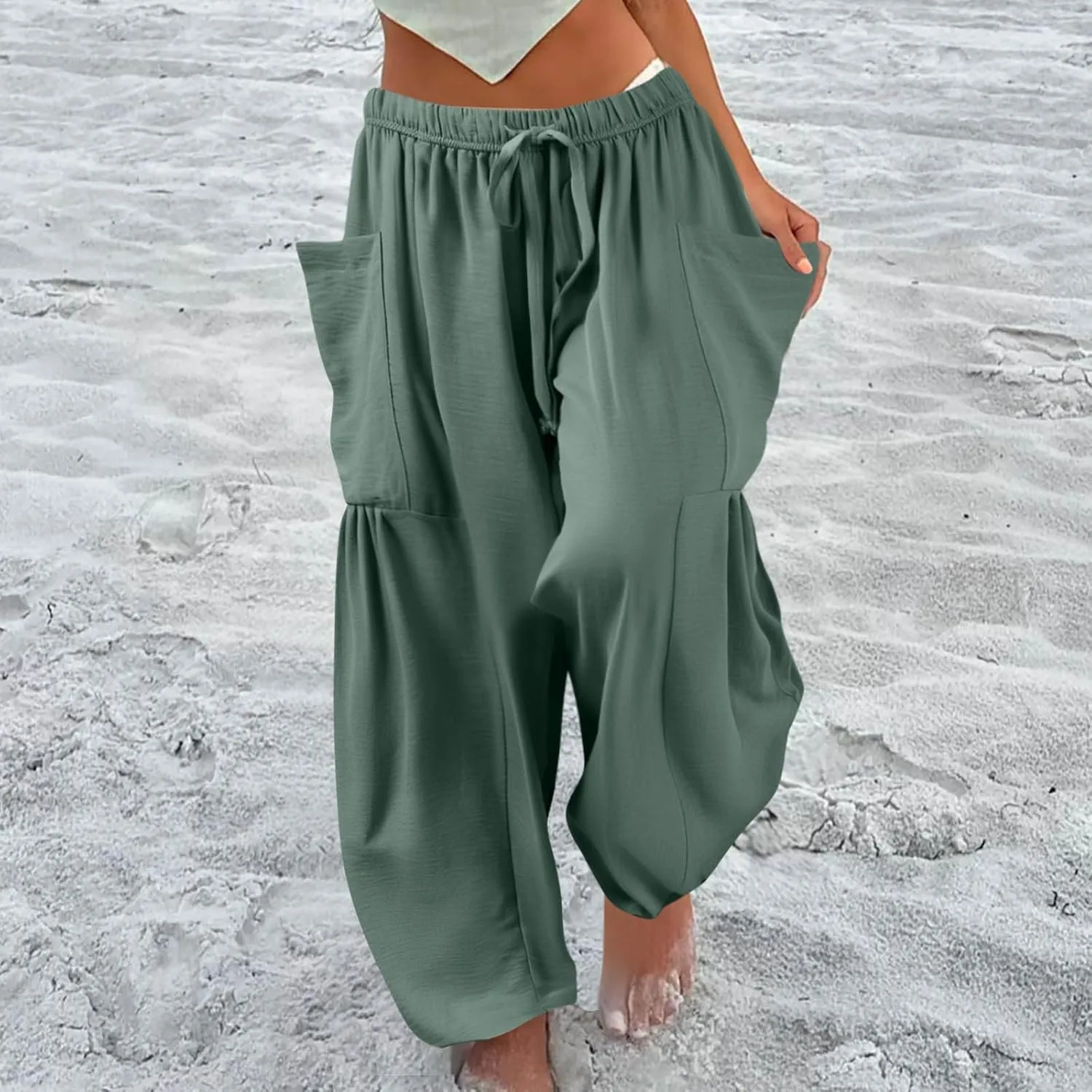 Wide Leg Pants Women Casual Loose Drawstring Palazzo Harem Pants with Pockets Summer Flowy Mid Rise Barrel Travel Pant