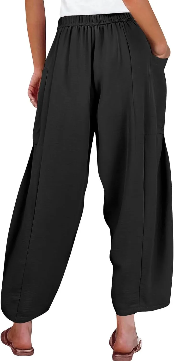 Wide Leg Pants Women Casual Loose Drawstring Palazzo Harem Pants with Pockets Summer Flowy Mid Rise Barrel Travel Pant