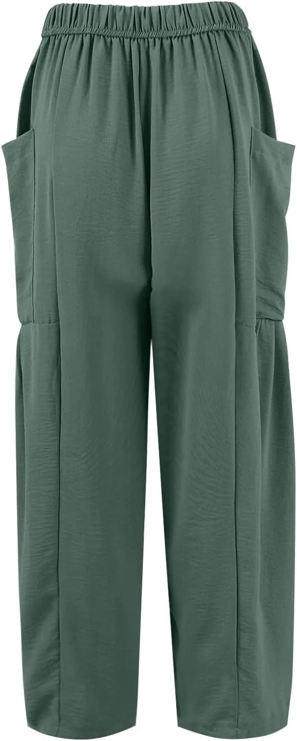 Wide Leg Pants Women Casual Loose Drawstring Palazzo Harem Pants with Pockets Summer Flowy Mid Rise Barrel Travel Pant