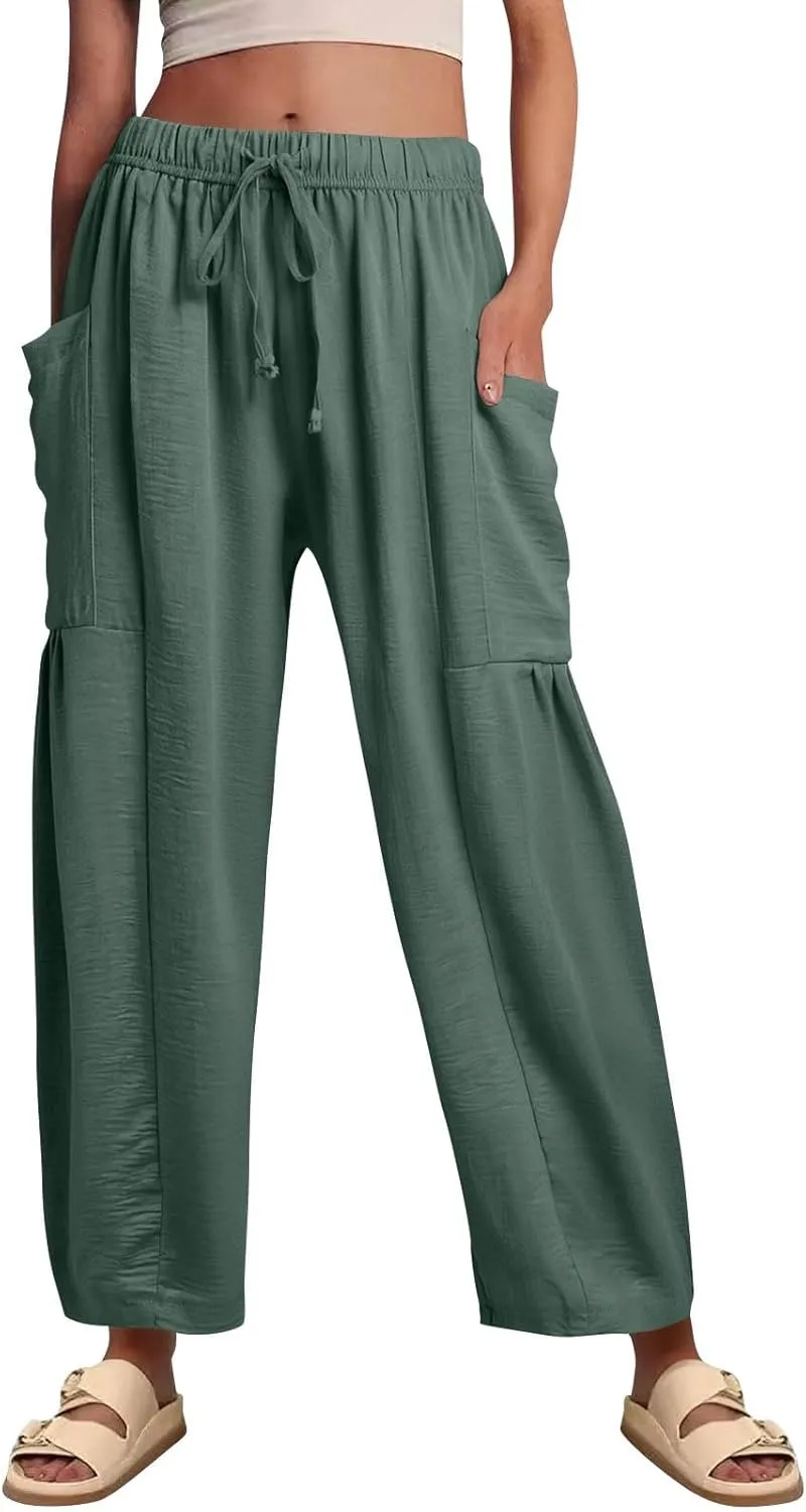 Wide Leg Pants Women Casual Loose Drawstring Palazzo Harem Pants with Pockets Summer Flowy Mid Rise Barrel Travel Pant