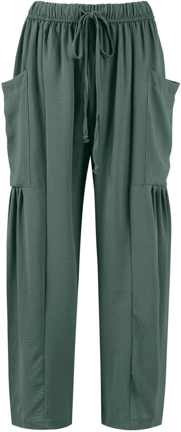 Wide Leg Pants Women Casual Loose Drawstring Palazzo Harem Pants with Pockets Summer Flowy Mid Rise Barrel Travel Pant