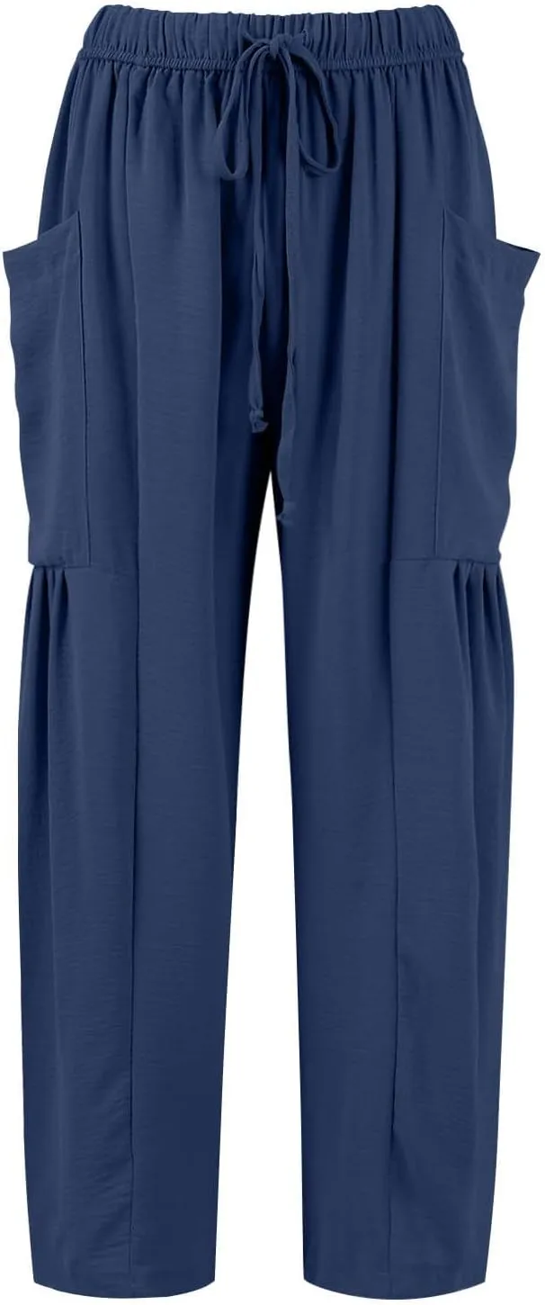 Wide Leg Pants Women Casual Loose Drawstring Palazzo Harem Pants with Pockets Summer Flowy Mid Rise Barrel Travel Pant