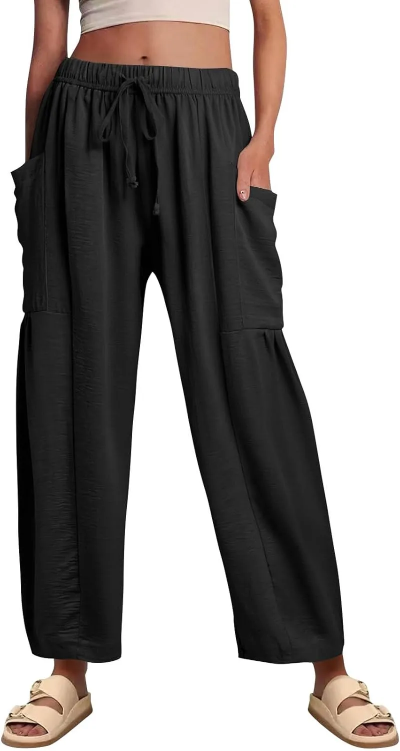 Wide Leg Pants Women Casual Loose Drawstring Palazzo Harem Pants with Pockets Summer Flowy Mid Rise Barrel Travel Pant