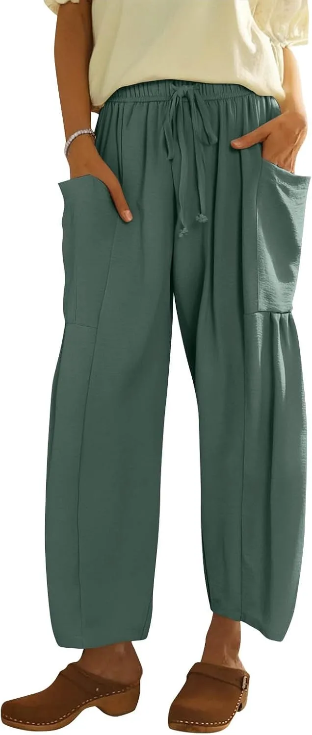 Wide Leg Pants Women Casual Loose Drawstring Palazzo Harem Pants with Pockets Summer Flowy Mid Rise Barrel Travel Pant