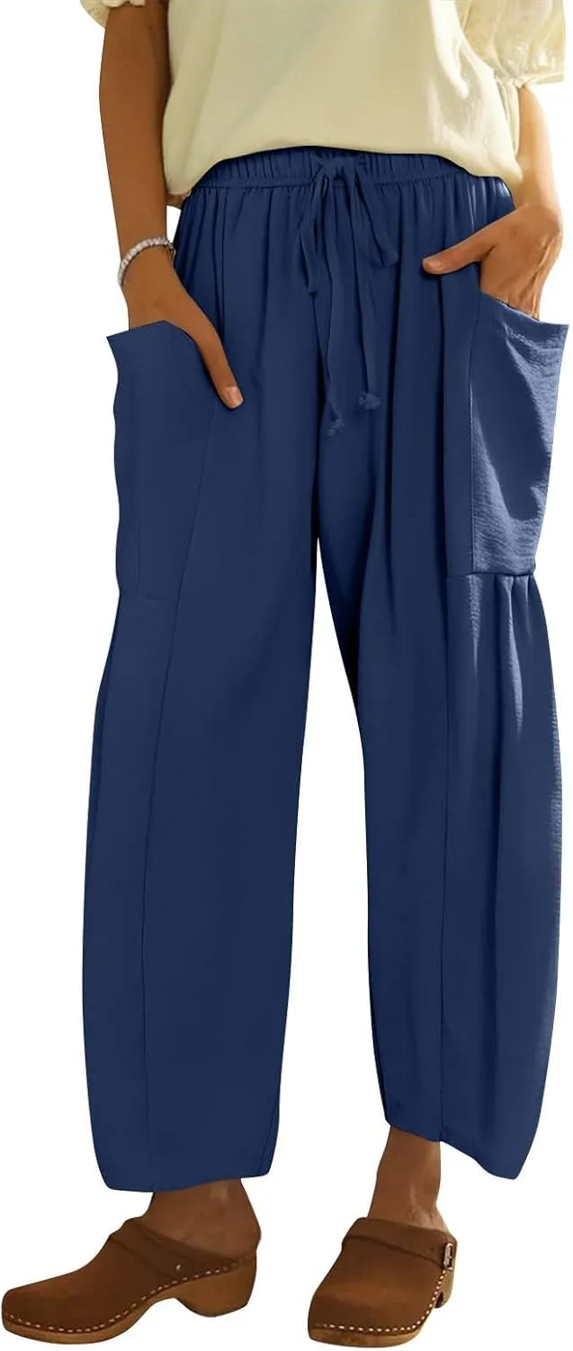 Wide Leg Pants Women Casual Loose Drawstring Palazzo Harem Pants with Pockets Summer Flowy Mid Rise Barrel Travel Pant