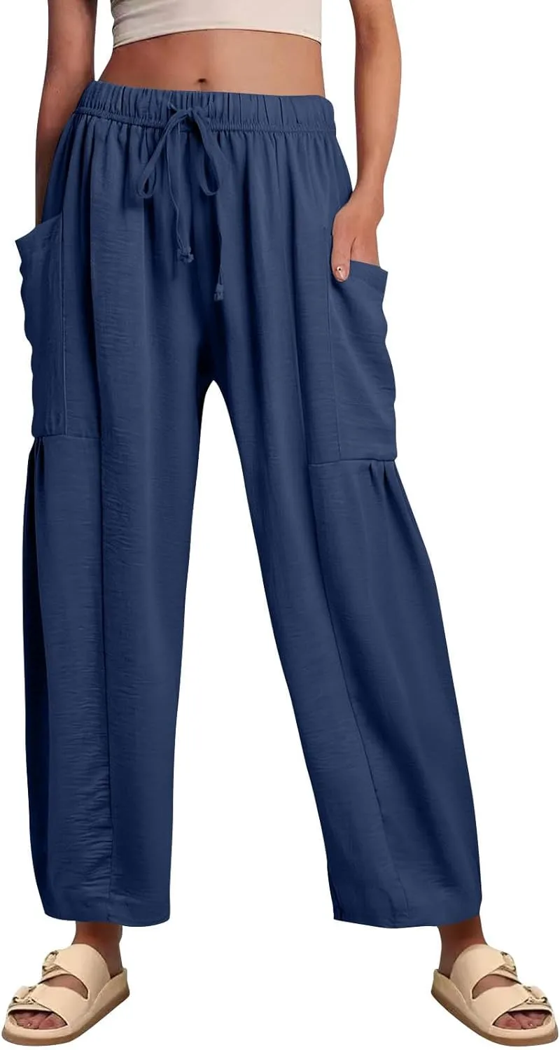 Wide Leg Pants Women Casual Loose Drawstring Palazzo Harem Pants with Pockets Summer Flowy Mid Rise Barrel Travel Pant