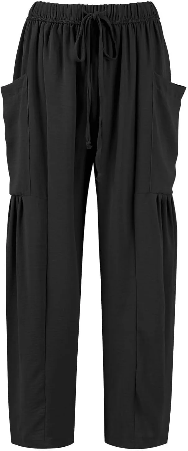 Wide Leg Pants Women Casual Loose Drawstring Palazzo Harem Pants with Pockets Summer Flowy Mid Rise Barrel Travel Pant
