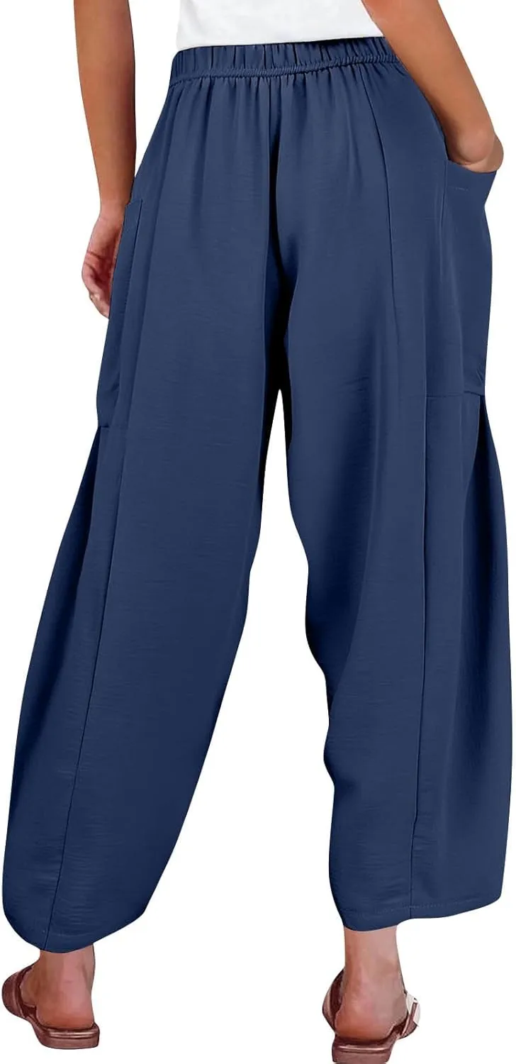 Wide Leg Pants Women Casual Loose Drawstring Palazzo Harem Pants with Pockets Summer Flowy Mid Rise Barrel Travel Pant