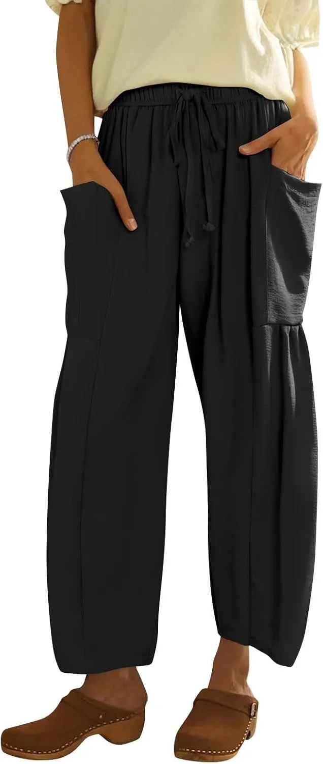 Wide Leg Pants Women Casual Loose Drawstring Palazzo Harem Pants with Pockets Summer Flowy Mid Rise Barrel Travel Pant
