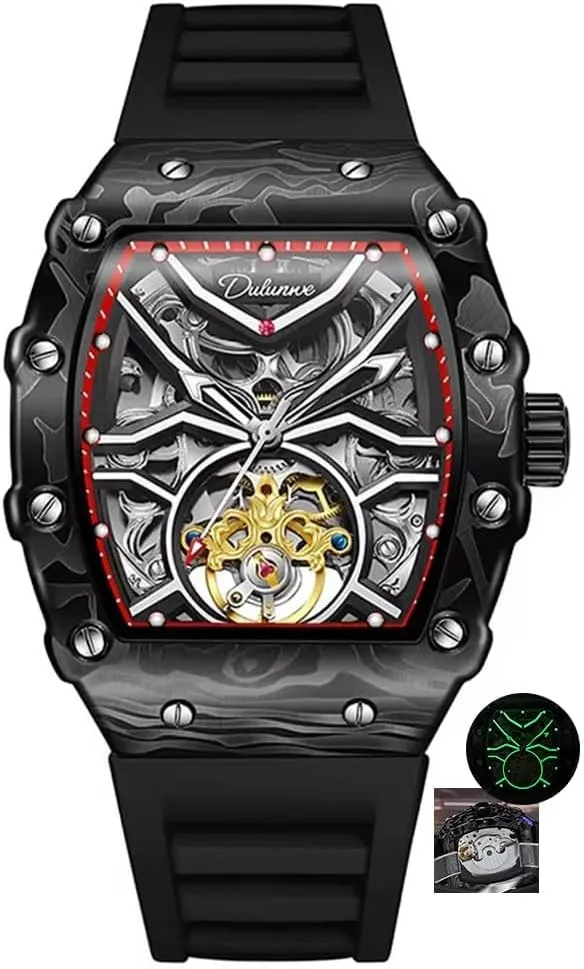 Wine Barrel Luxury Sports Men's Watches Tourbillon Luminous Automatic Watch Waterproof Man Silicone Strap Mechanical Wristwatch with Luminous dial