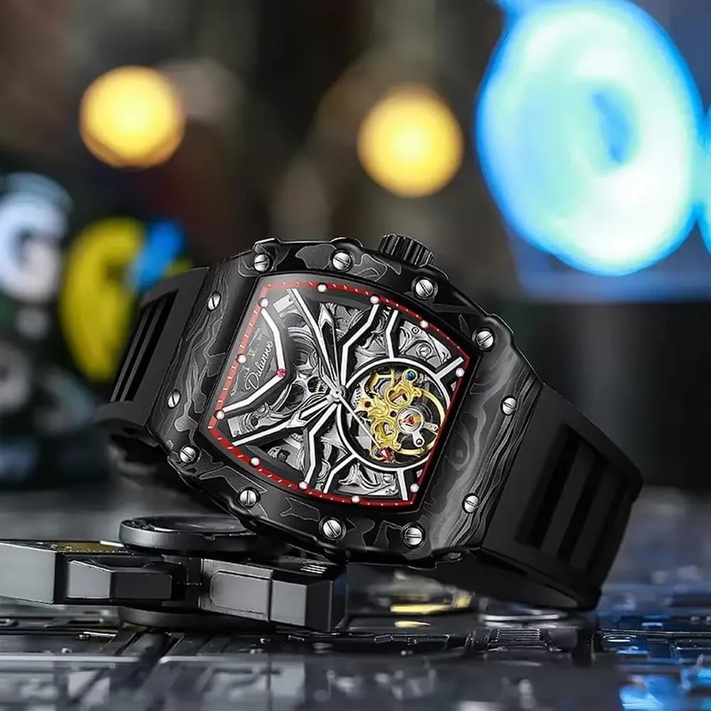 Wine Barrel Luxury Sports Men's Watches Tourbillon Luminous Automatic Watch Waterproof Man Silicone Strap Mechanical Wristwatch with Luminous dial