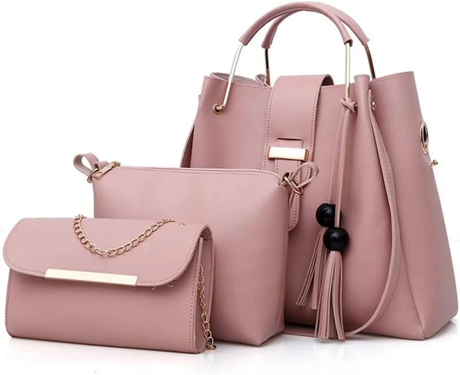 Women 3Pcs Set Bucket Bags PU Handbag Top Handle Shoulder Purse with Bead tassel
