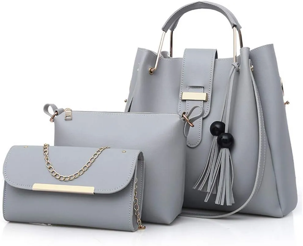 Women 3Pcs Set Bucket Bags PU Handbag Top Handle Shoulder Purse with Bead tassel