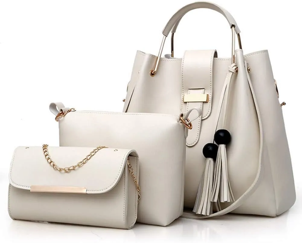Women 3Pcs Set Bucket Bags PU Handbag Top Handle Shoulder Purse with Bead tassel