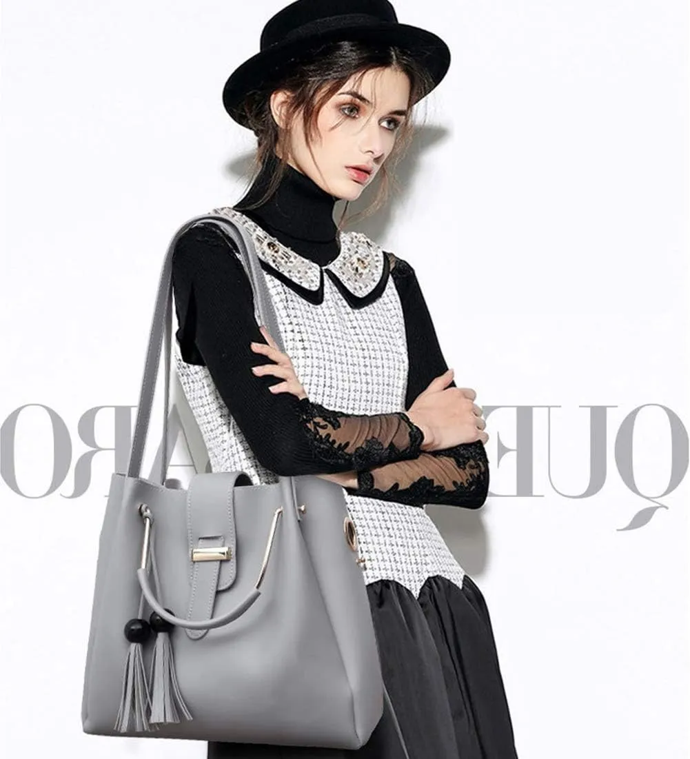 Women 3Pcs Set Bucket Bags PU Handbag Top Handle Shoulder Purse with Bead tassel