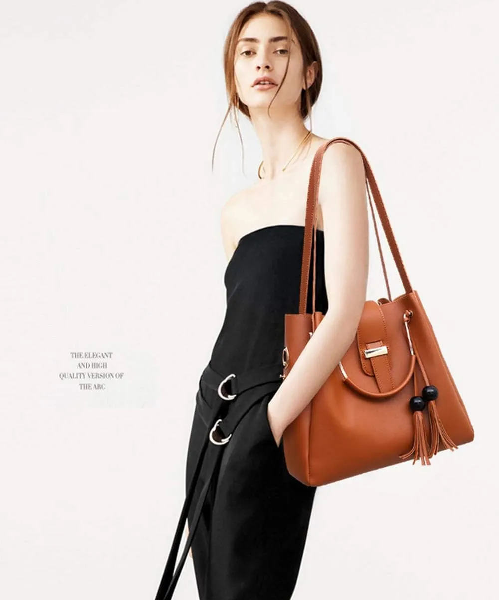 Women 3Pcs Set Bucket Bags PU Handbag Top Handle Shoulder Purse with Bead tassel