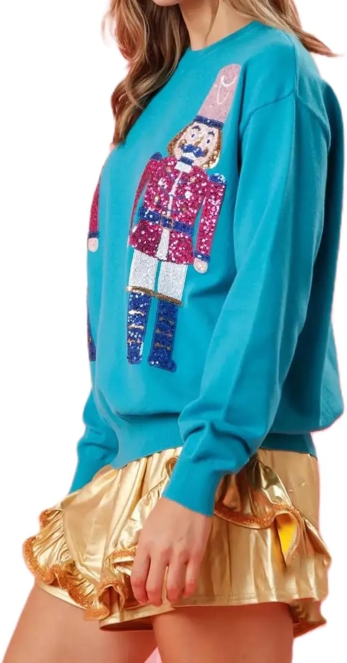 Women Cute Glitter Holiday Letter Sweaters Sparkle Sequin Long Sleeve Tops Casual Round Neck Pullover Sweatshirts