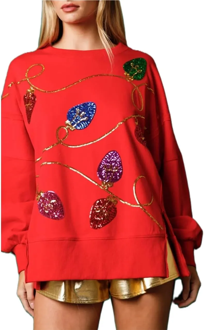 Women Cute Glitter Holiday Letter Sweaters Sparkle Sequin Long Sleeve Tops Casual Round Neck Pullover Sweatshirts
