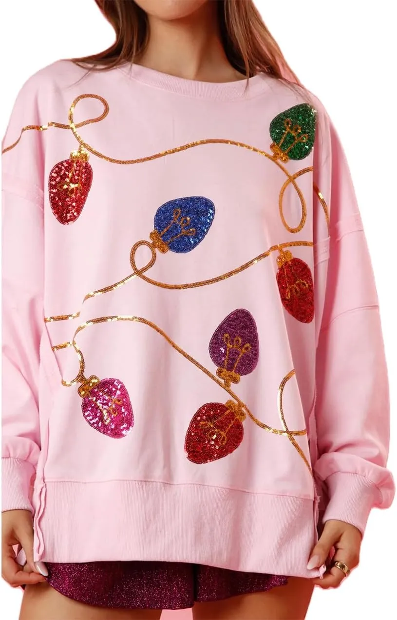 Women Cute Glitter Holiday Letter Sweaters Sparkle Sequin Long Sleeve Tops Casual Round Neck Pullover Sweatshirts