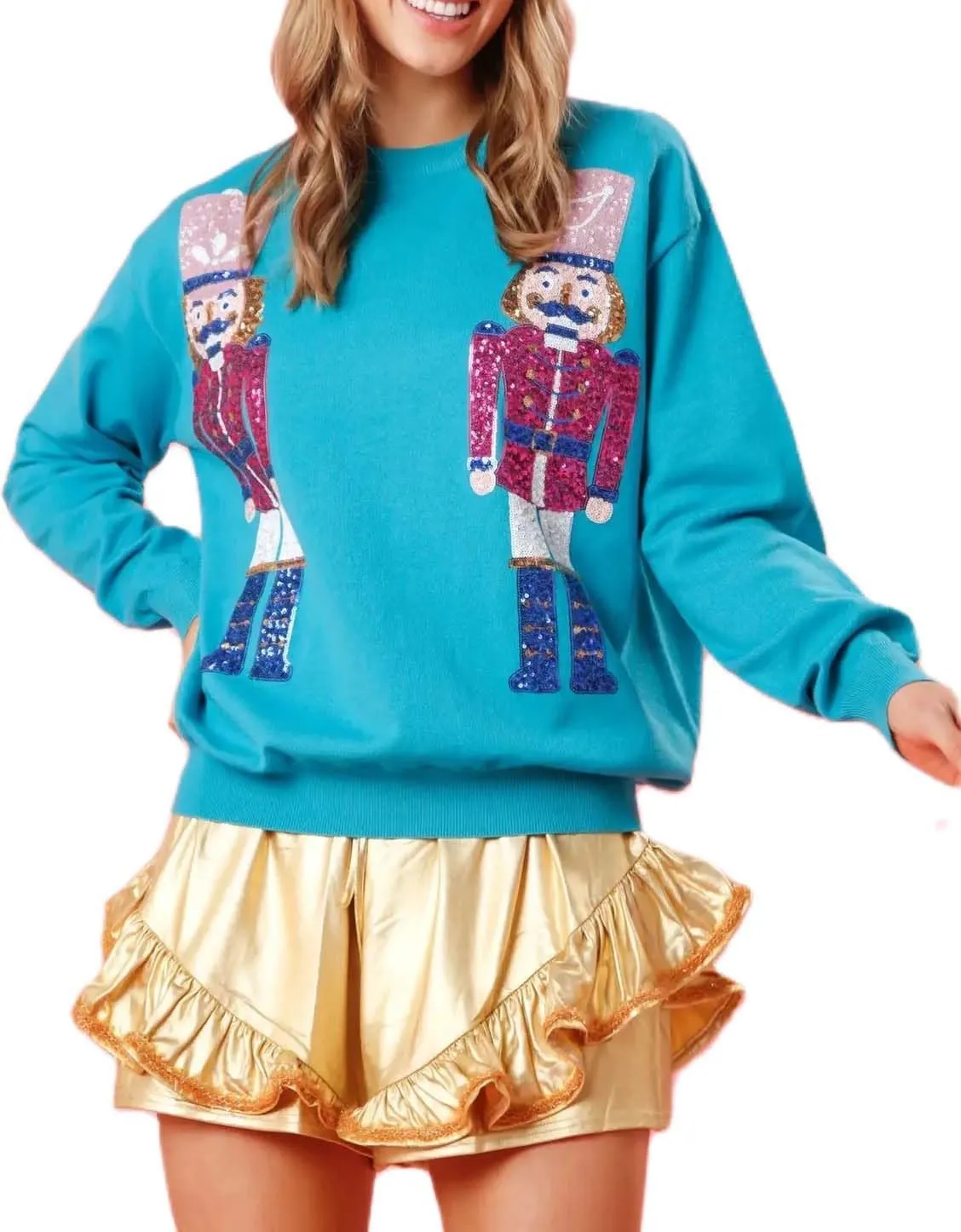 Women Cute Glitter Holiday Letter Sweaters Sparkle Sequin Long Sleeve Tops Casual Round Neck Pullover Sweatshirts