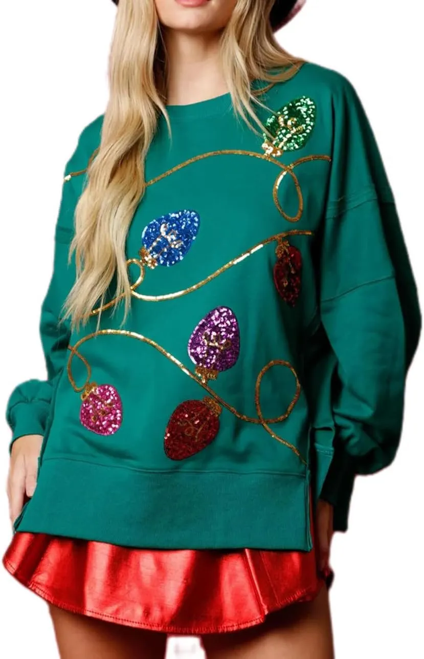 Women Cute Glitter Holiday Letter Sweaters Sparkle Sequin Long Sleeve Tops Casual Round Neck Pullover Sweatshirts