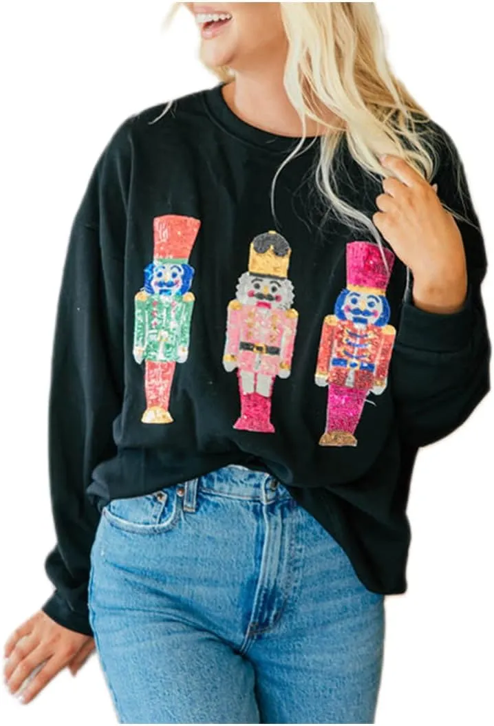 Women Cute Glitter Holiday Letter Sweaters Sparkle Sequin Long Sleeve Tops Casual Round Neck Pullover Sweatshirts