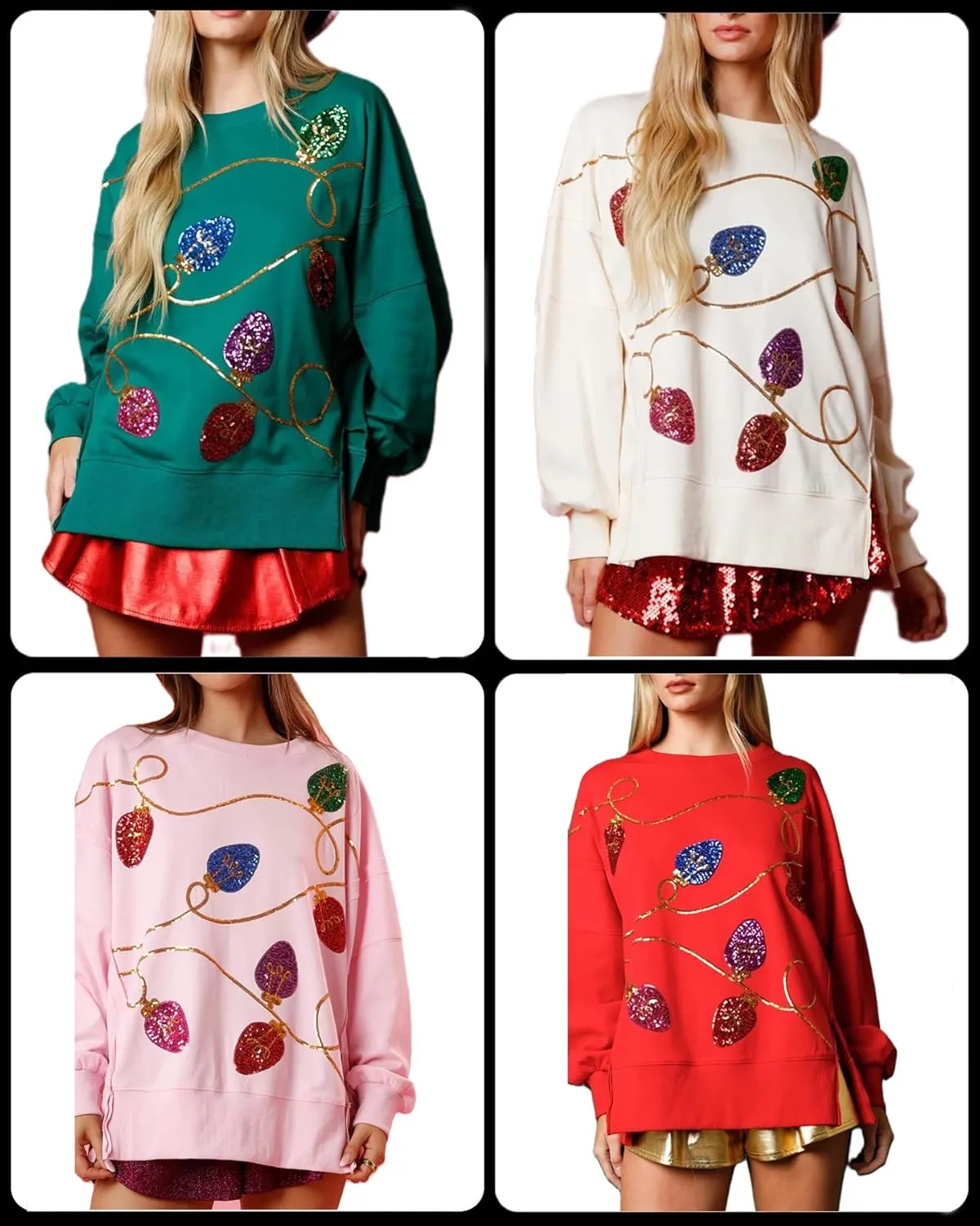 Women Cute Glitter Holiday Letter Sweaters Sparkle Sequin Long Sleeve Tops Casual Round Neck Pullover Sweatshirts