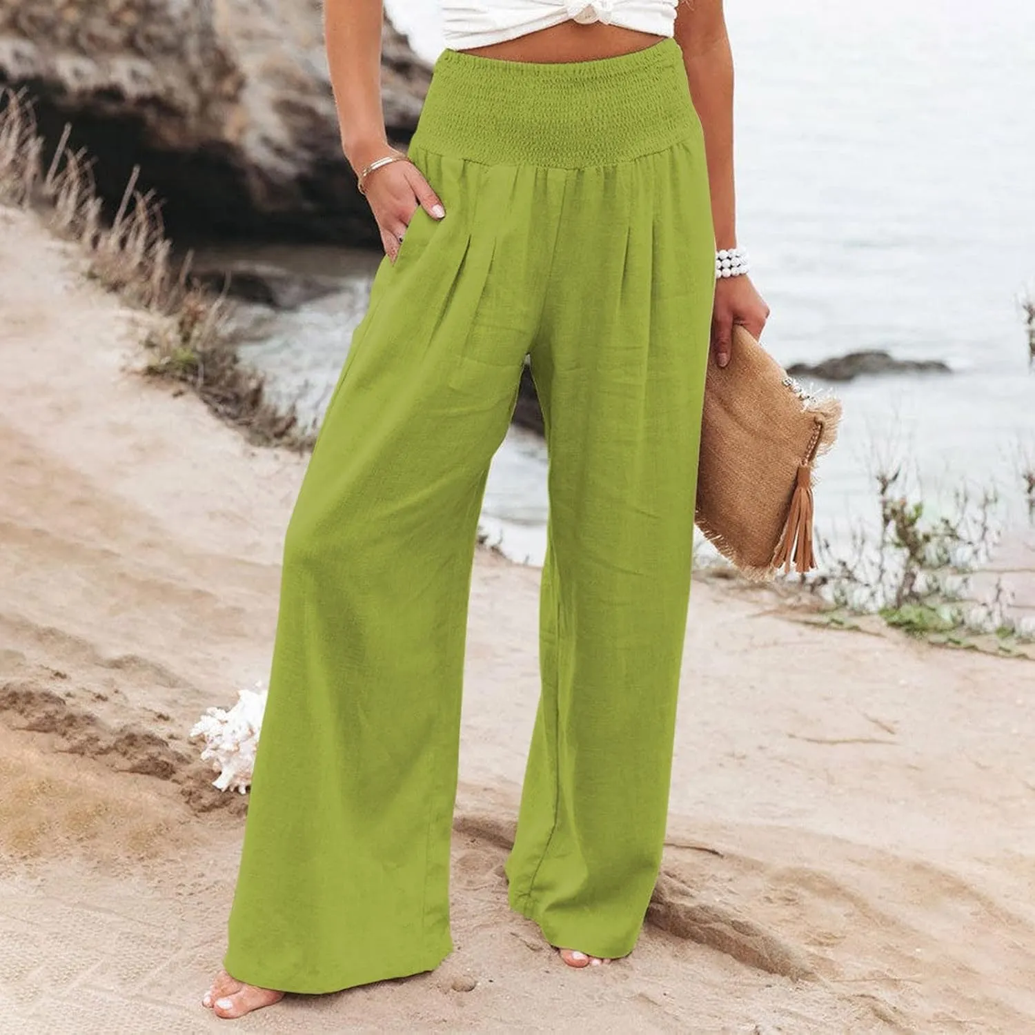 Women Linen Palazzo Pants Wide Leg High Waisted Casual Loose Boho Pants Summer Flowy Smocked Lounge Beach Vacation Trousers