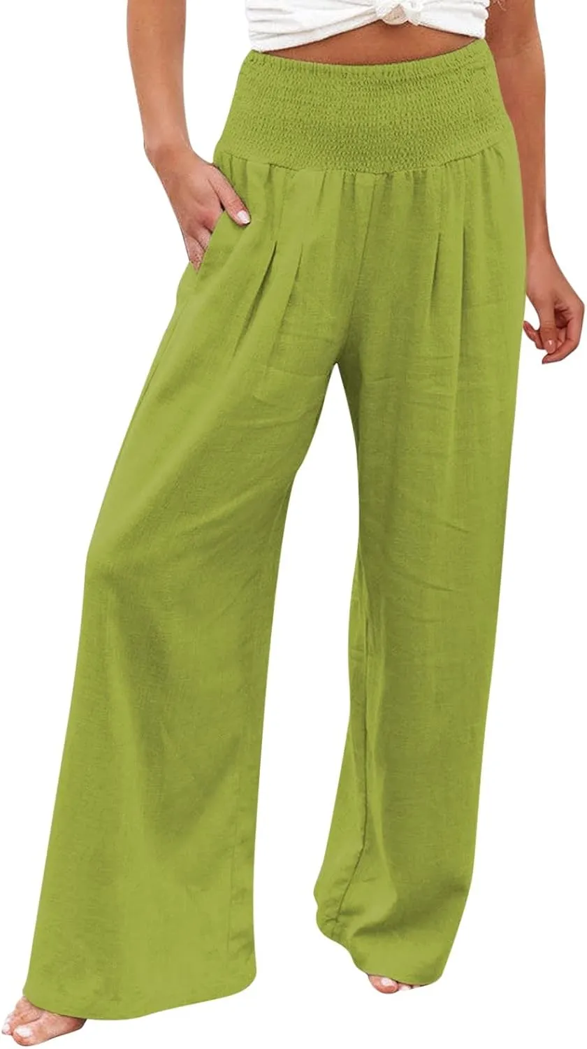 Women Linen Palazzo Pants Wide Leg High Waisted Casual Loose Boho Pants Summer Flowy Smocked Lounge Beach Vacation Trousers