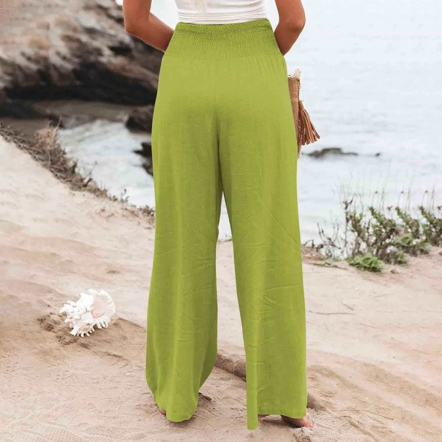 Women Linen Palazzo Pants Wide Leg High Waisted Casual Loose Boho Pants Summer Flowy Smocked Lounge Beach Vacation Trousers