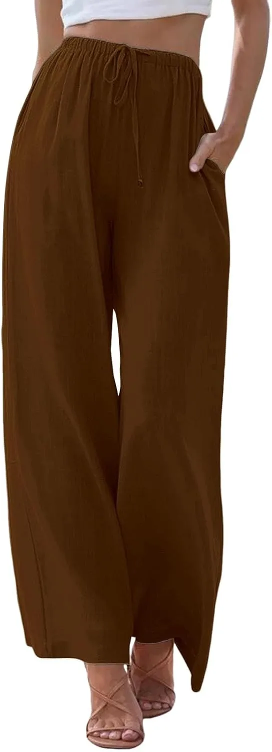 Women Linen Pants Casual Summer Palazzo Elastic Work Pant Drawstring Lightweight Lounge Beach Loose Trousers Pockets