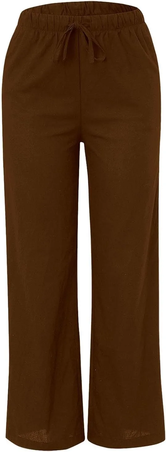 Women Linen Pants Casual Summer Palazzo Elastic Work Pant Drawstring Lightweight Lounge Beach Loose Trousers Pockets