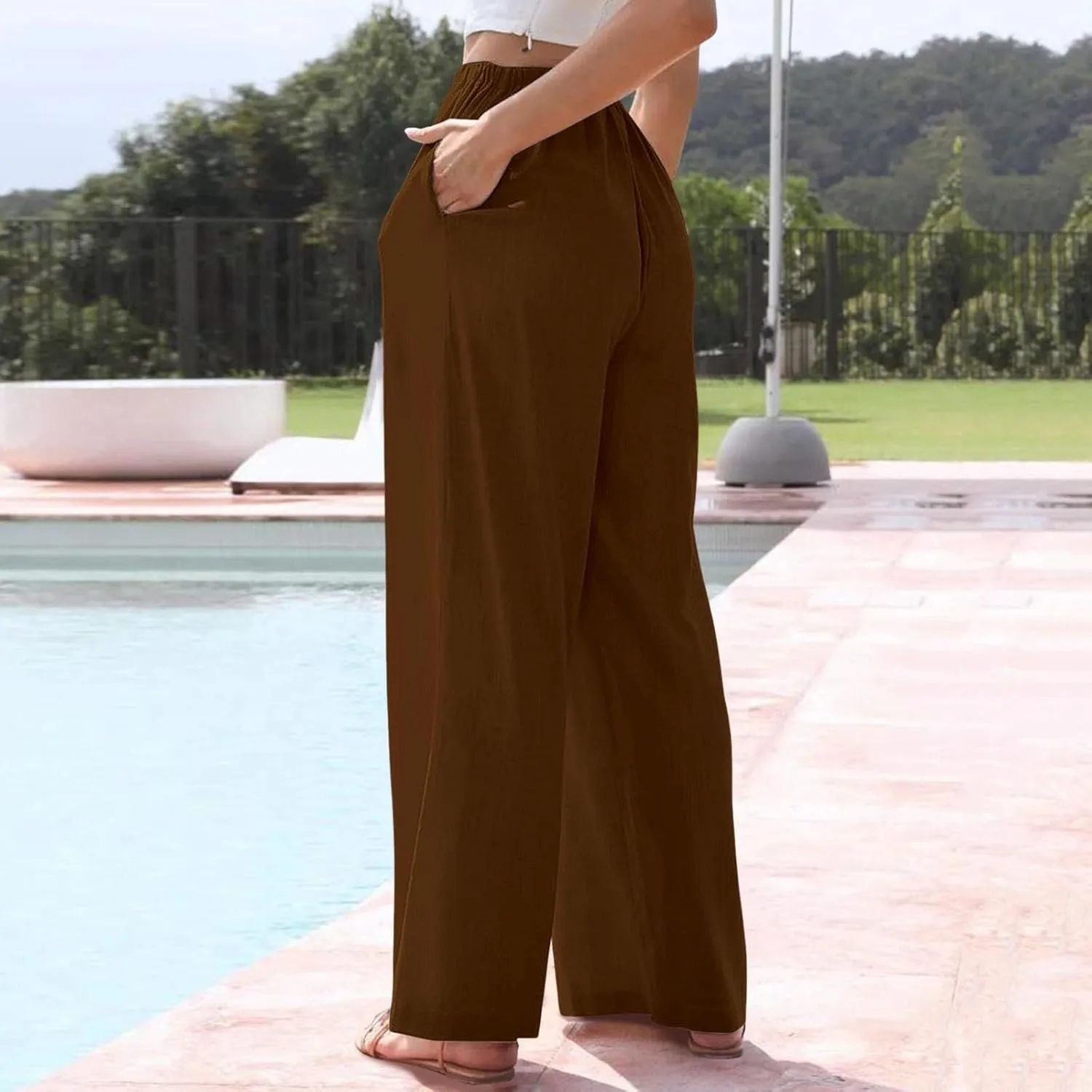 Women Linen Pants Casual Summer Palazzo Elastic Work Pant Drawstring Lightweight Lounge Beach Loose Trousers Pockets