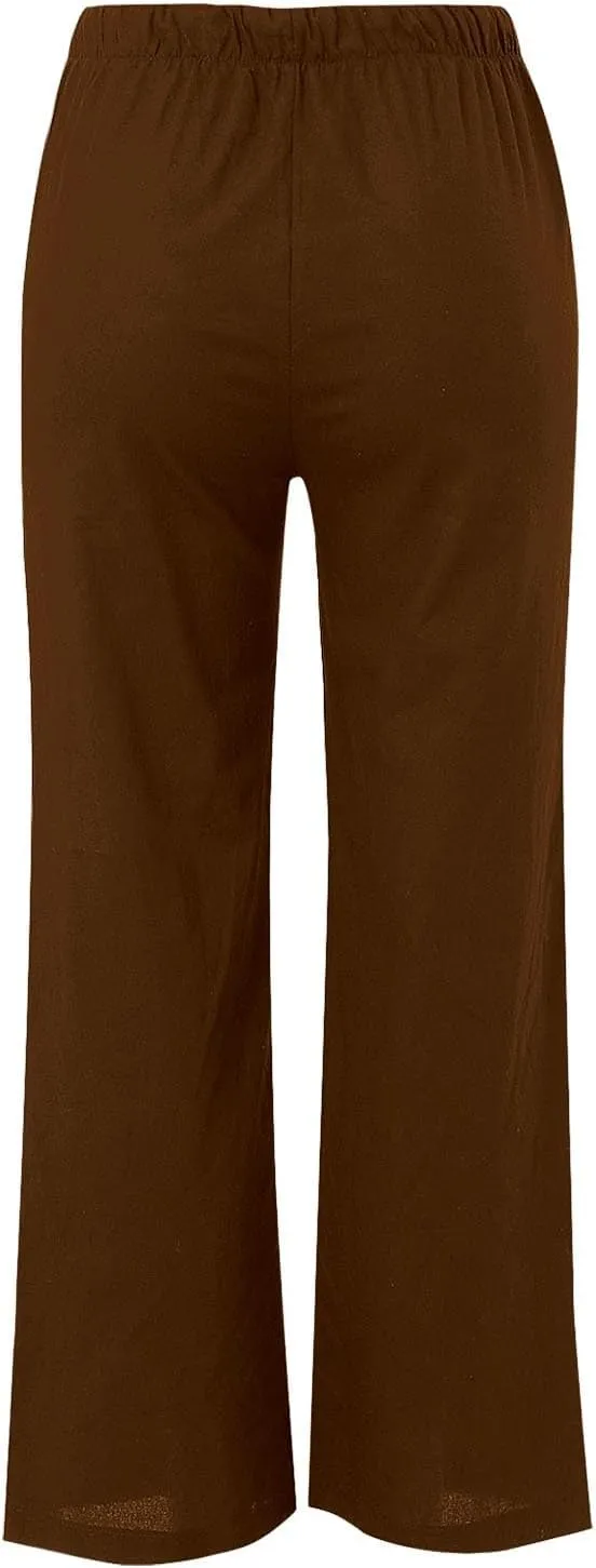Women Linen Pants Casual Summer Palazzo Elastic Work Pant Drawstring Lightweight Lounge Beach Loose Trousers Pockets