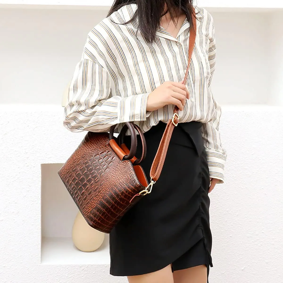 Women Satchel Purses and Handbags Leather Ring Top-Handle Bag Embossed Crocodile Pattern Flap Shoulder Crossbody Bag