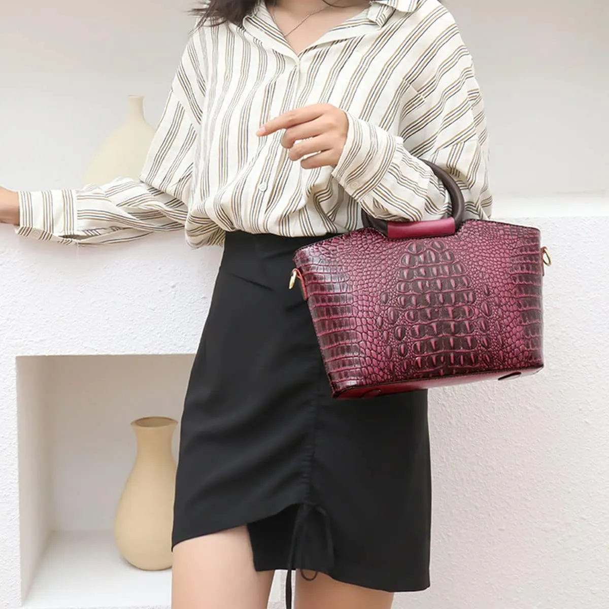 Women Satchel Purses and Handbags Leather Ring Top-Handle Bag Embossed Crocodile Pattern Flap Shoulder Crossbody Bag