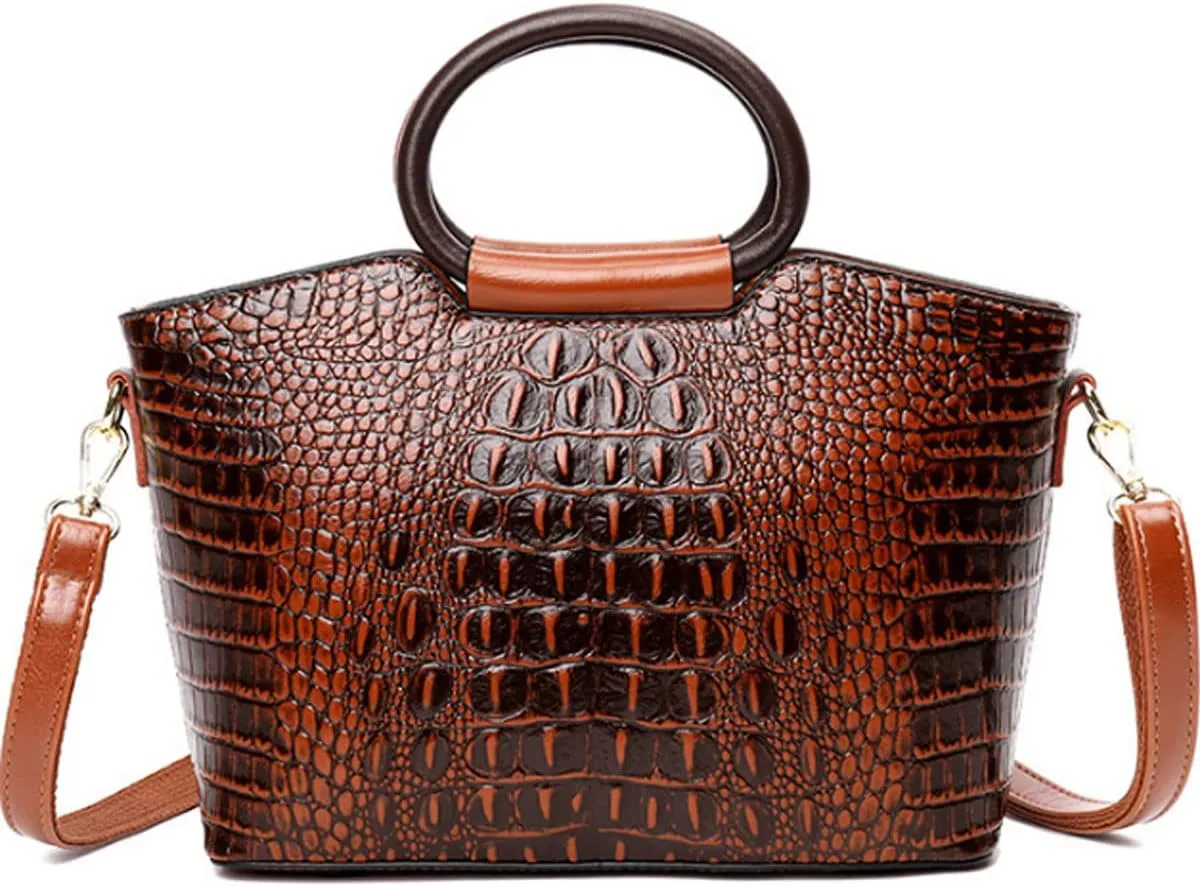 Women Satchel Purses and Handbags Leather Ring Top-Handle Bag Embossed Crocodile Pattern Flap Shoulder Crossbody Bag
