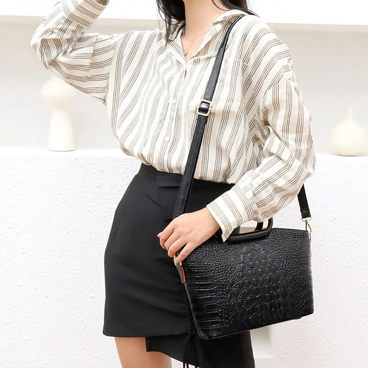 Women Satchel Purses and Handbags Leather Ring Top-Handle Bag Embossed Crocodile Pattern Flap Shoulder Crossbody Bag
