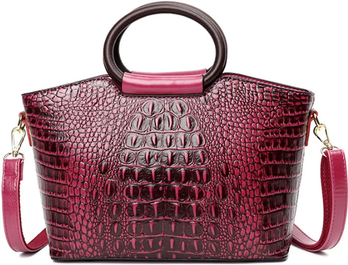 Women Satchel Purses and Handbags Leather Ring Top-Handle Bag Embossed Crocodile Pattern Flap Shoulder Crossbody Bag