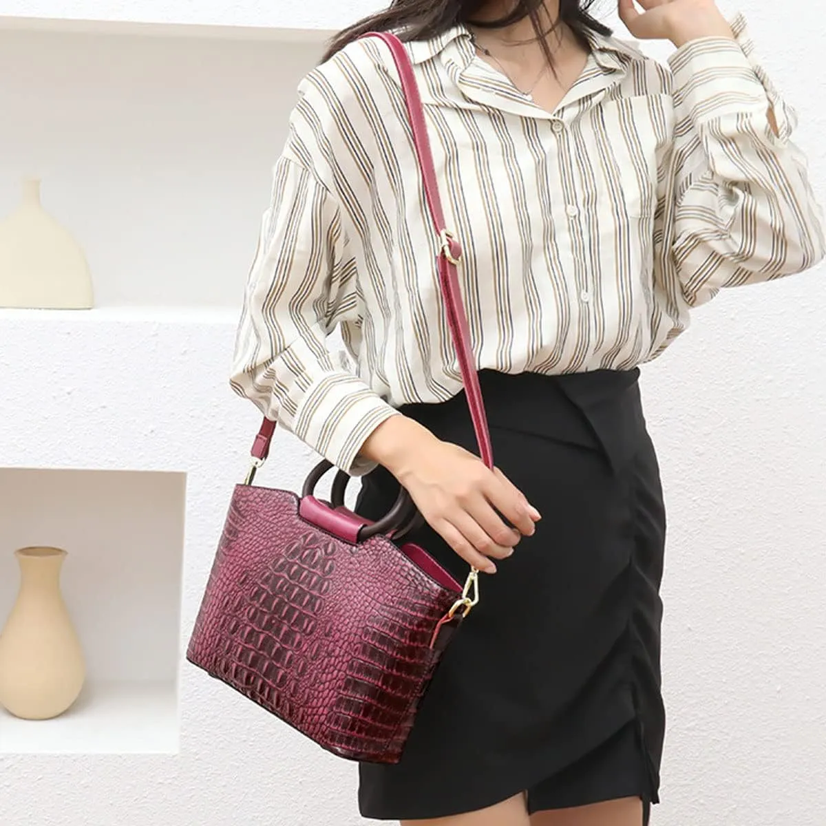 Women Satchel Purses and Handbags Leather Ring Top-Handle Bag Embossed Crocodile Pattern Flap Shoulder Crossbody Bag