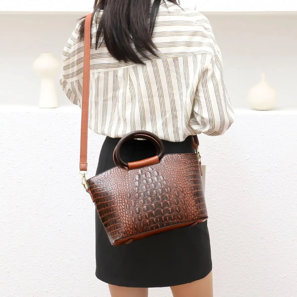 Women Satchel Purses and Handbags Leather Ring Top-Handle Bag Embossed Crocodile Pattern Flap Shoulder Crossbody Bag