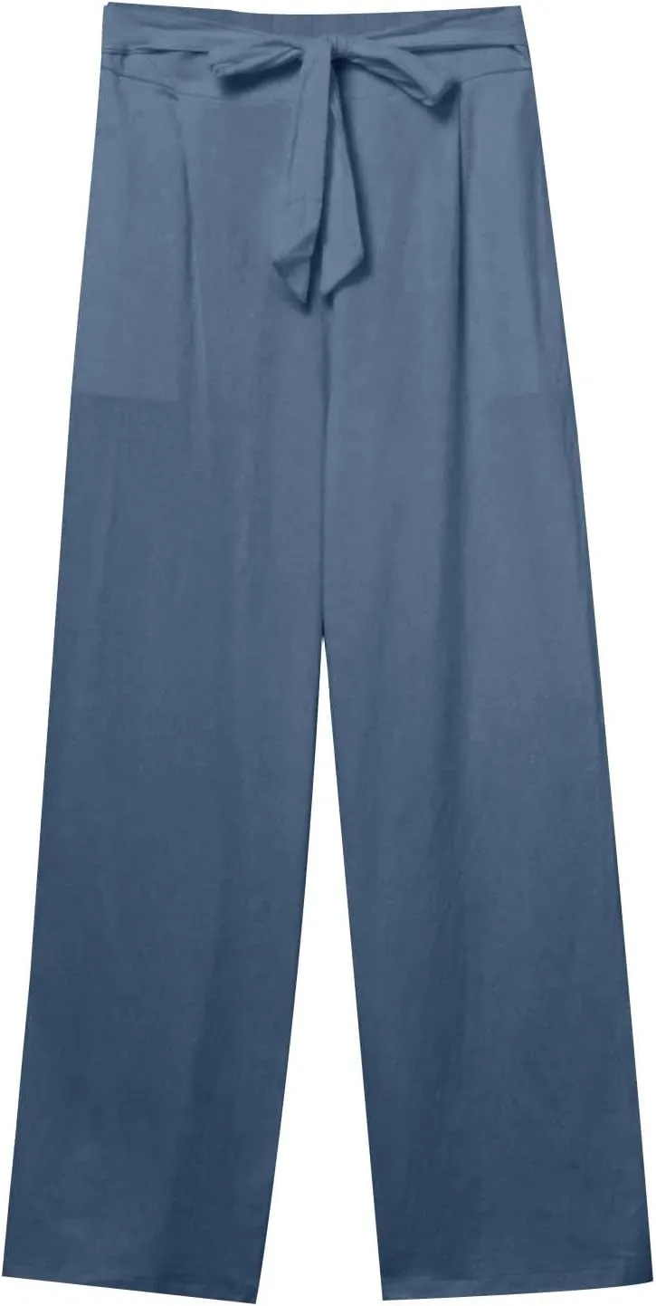 Women Straight Leg Linen Pants Summer Lightweight Drawstring High Waist Lounge Trousers Loose Comfy Boho Beach Pants